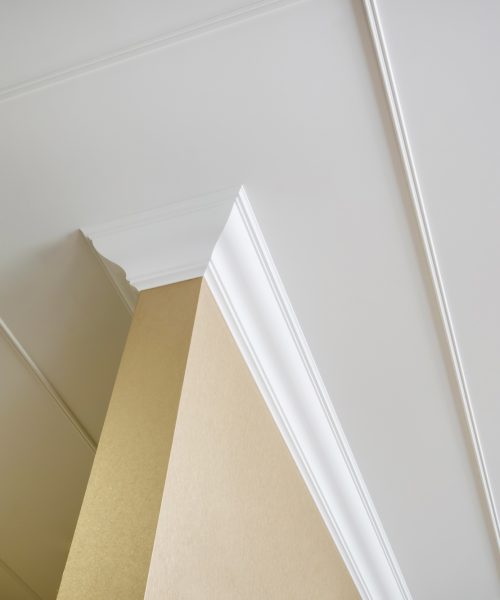 Detail of corner ceiling and walls with intricate crown moulding.